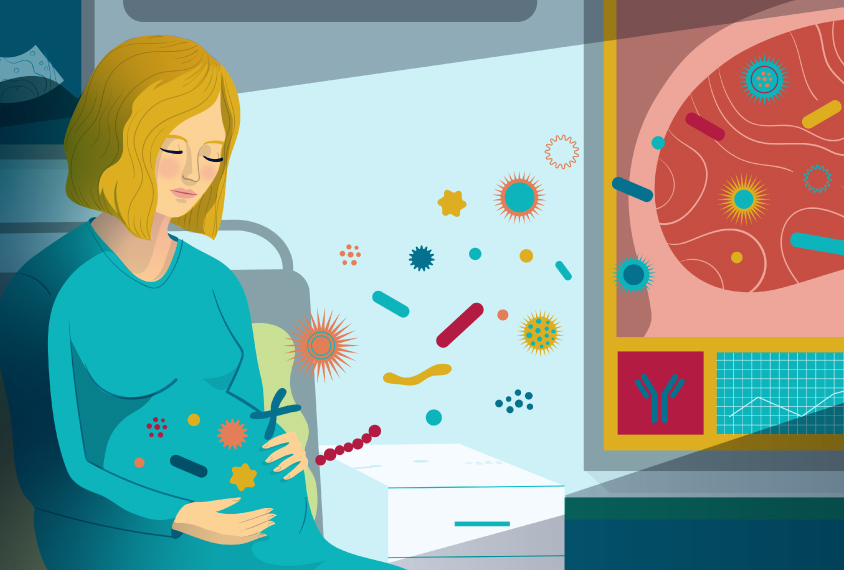 Illustration of a pregnant woman seated next to a large diagram of the brain featuring chromosomes, bacteria and other microbes.