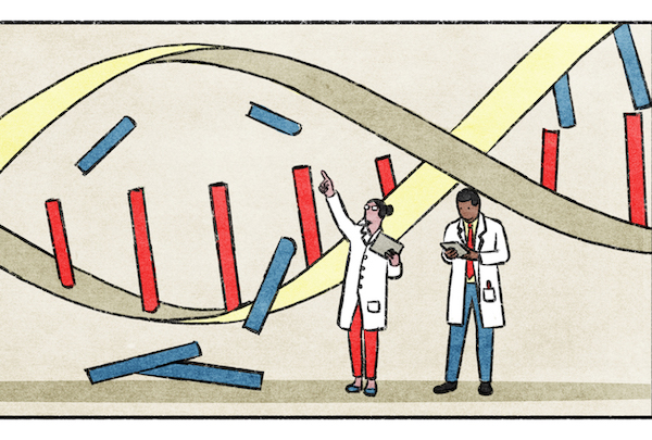 An illustration of doctors examining a larger-than-life DNA strand