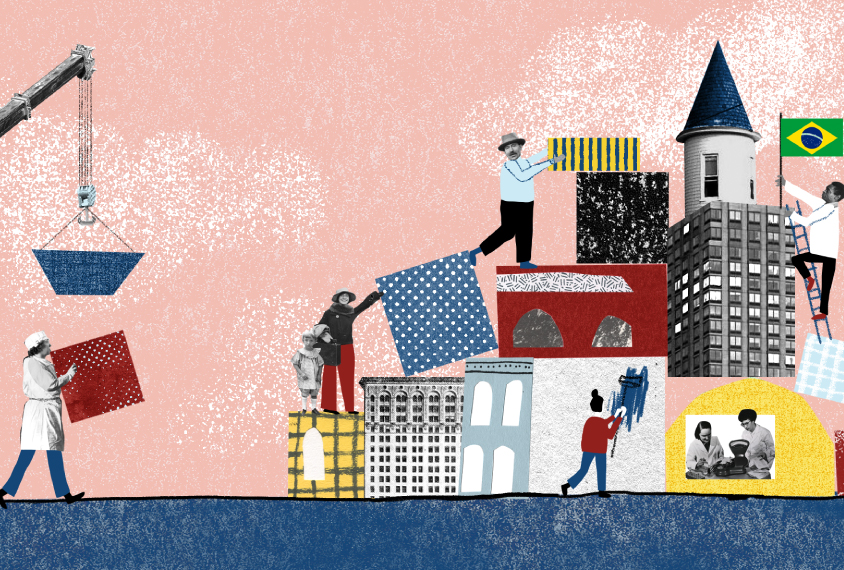 Collage illustration of several people constructing a city with a Brazilian flag visible.
