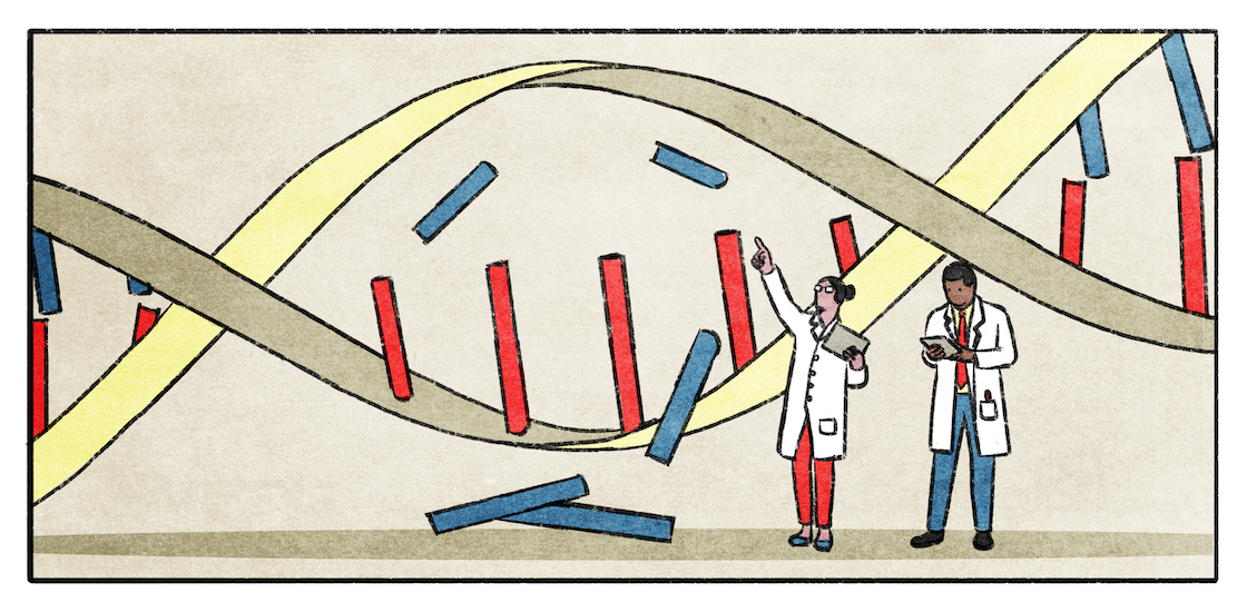 An illustration of doctors examining a larger-than-life DNA strand