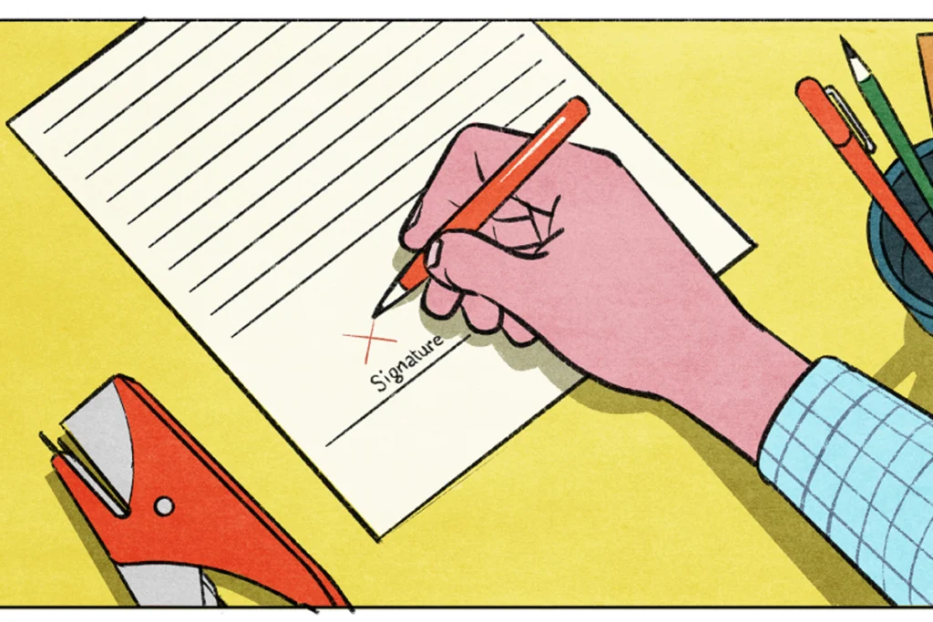 Illustration of a form being signed.