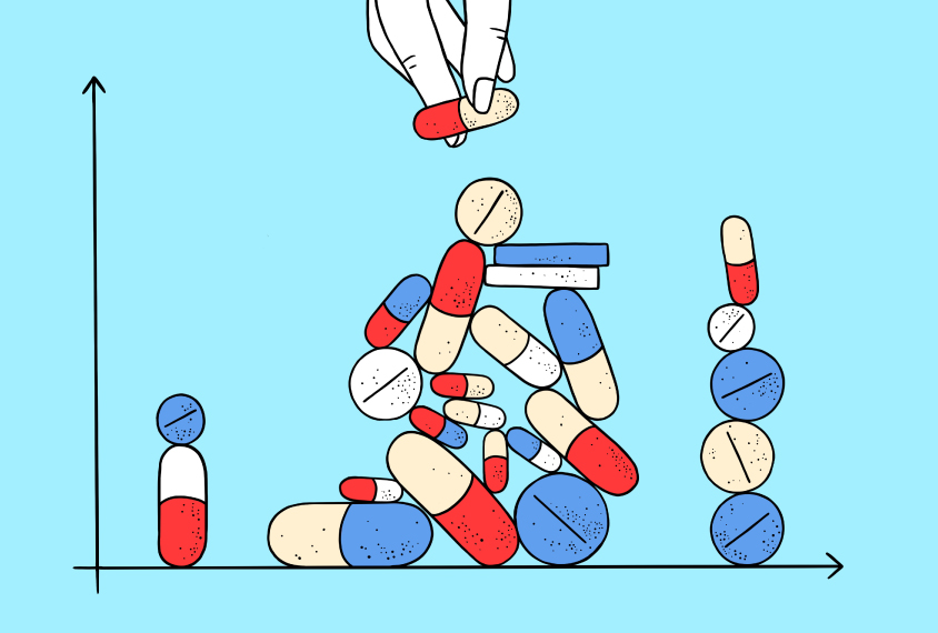 A hand reaches from above to add a pill to a stack that is resting against the x-axis of a graph.