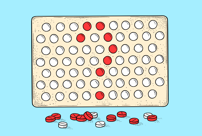 Illustration of a sheet of red and white pills, with the red pills arranged in the form of a question mark.