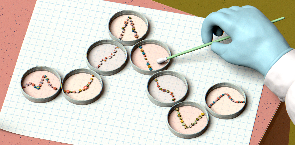 Illustration of a series of pills in petri dishes laid out to look like a descending line graph.