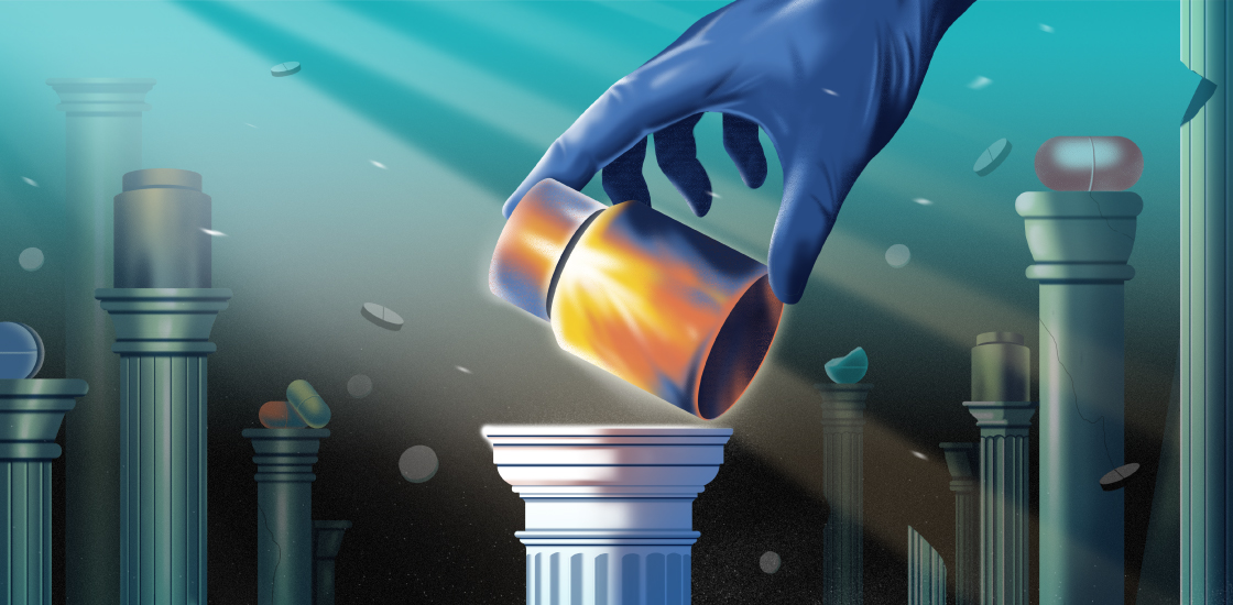 Illustration of a gloved hand reaching down to place a pill bottle on a pedestal.