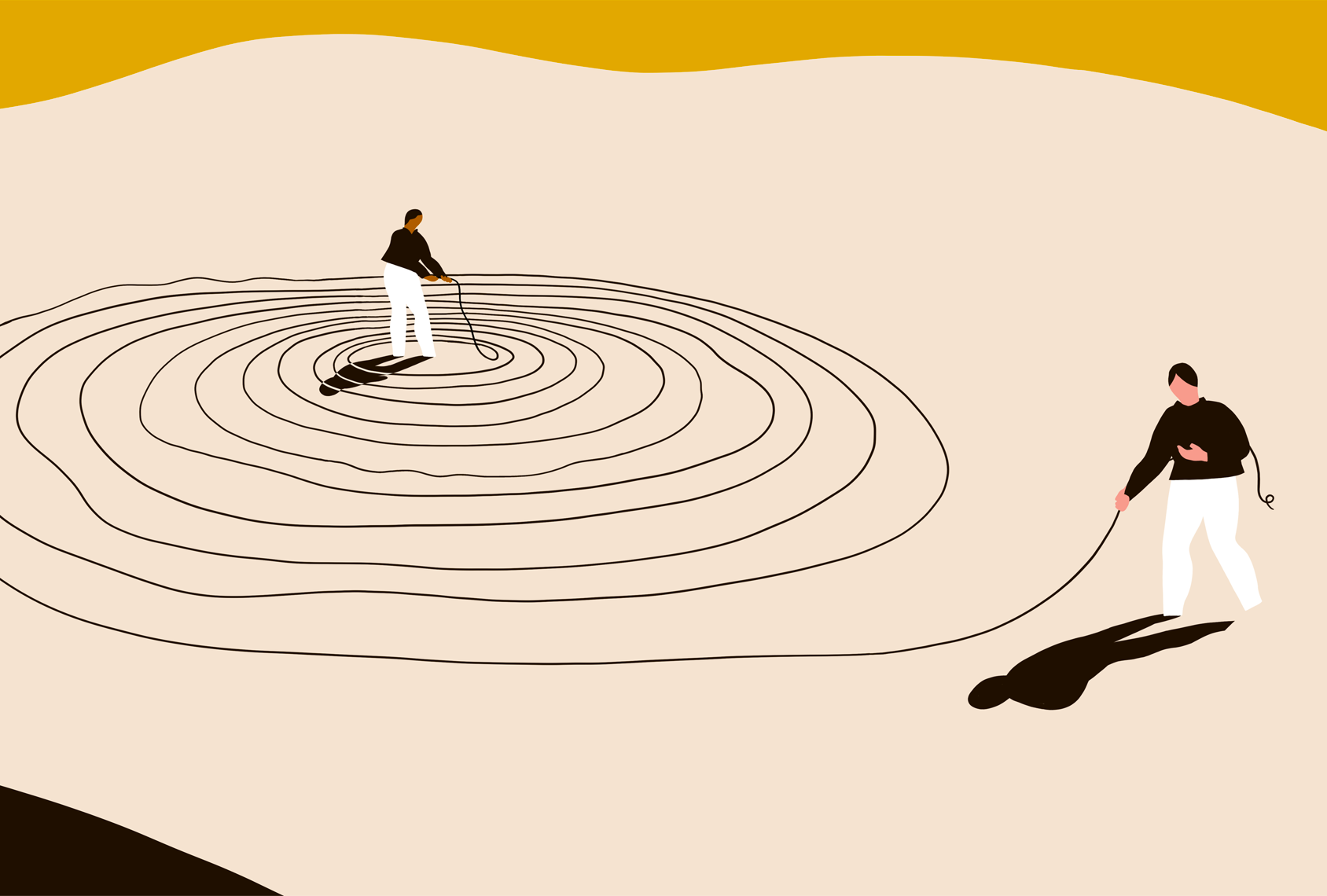 Illustration of a person holding the end of a thread that has trapped them within concentric circles while another person picks up the other end of the thread and begins to follow it.