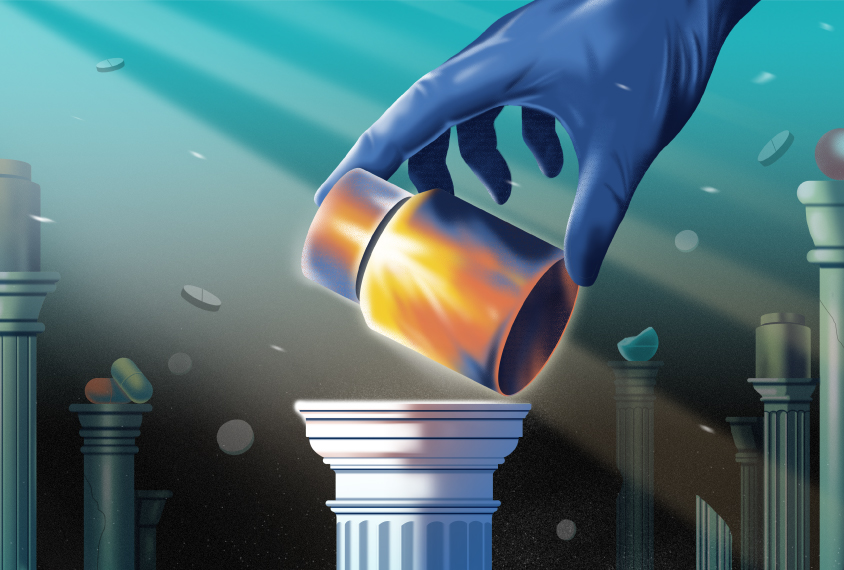 Illustration of a gloved hand reaching down to place a pill bottle on a pedestal.