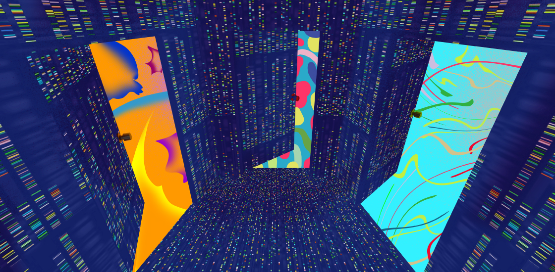 Illustration of a room with DNA sequence wallpaper and three doors leading to abstract new environments.