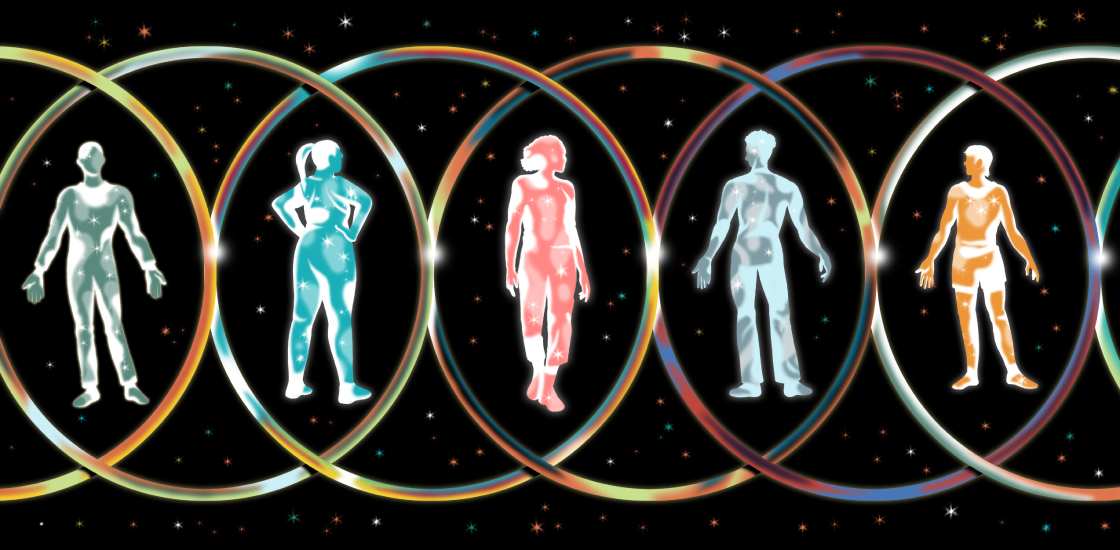 Illustration of a diverse group of bodies floating in space.