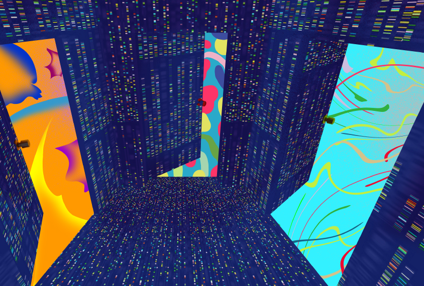 Illustration of a room with DNA sequence wallpaper and three doors leading to abstract new environments.