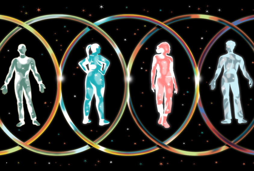 Illustration of a diverse group of bodies floating in space.