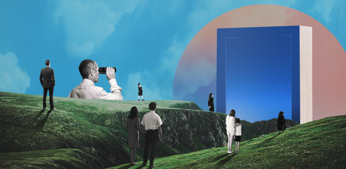 Collage of multiple figures on a hillside looking at a large blue book in the distance.