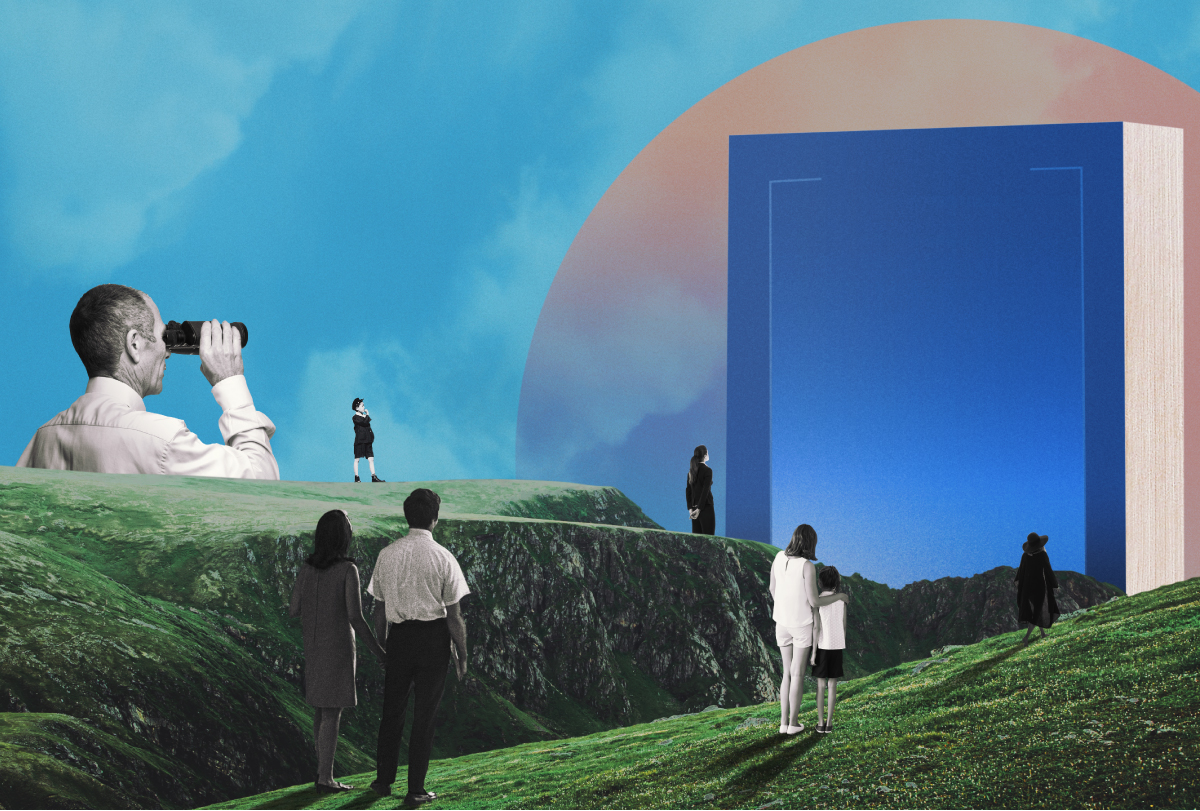 Collage of multiple figures on a hillside looking at a large blue book in the distance.