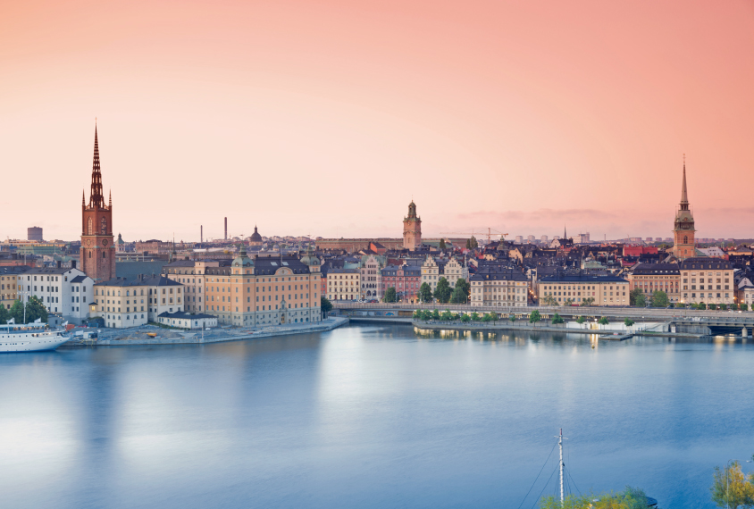 A photograph of Stockholm, Sweden’s old town at sunset.