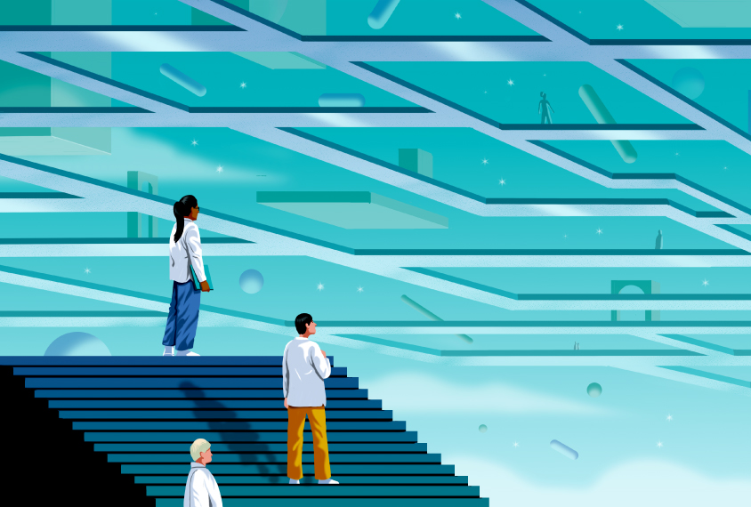 Three people stand on a staircase and contemplate a maze-like array of paths in the sky before them.
