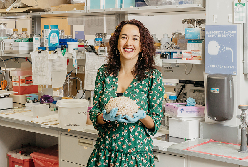 Autism researcher Veronica Martinez Cereno holds a brain in her lab.
