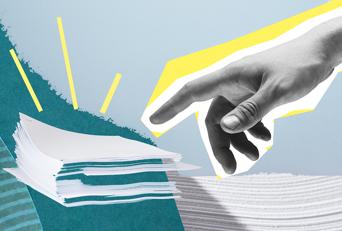 An illustration of a hand pointing a finger at a stack of papers.