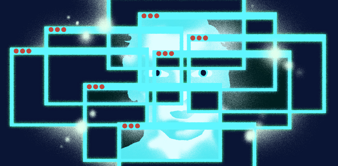 Illustration of a series of web browser windows overlaid over a face, distorting it.