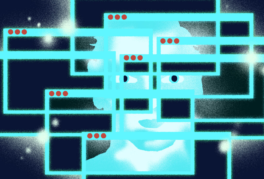 Illustration of a series of web browser windows overlaid over a face, distorting it.
