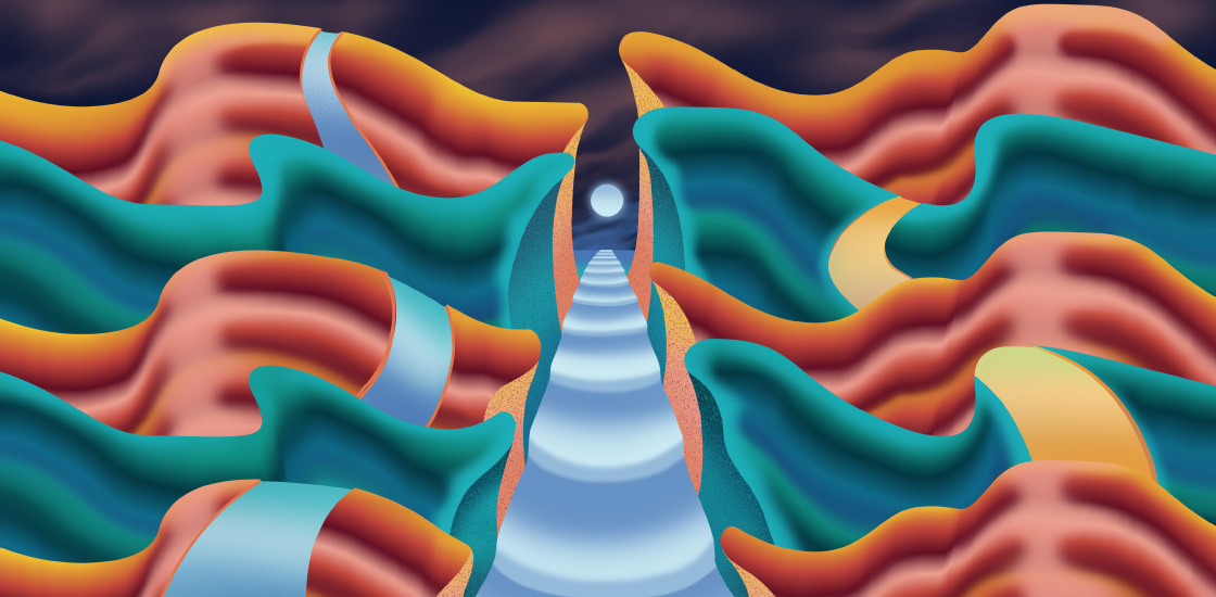 An abstract illustration of a path surrounded by wavy shapes