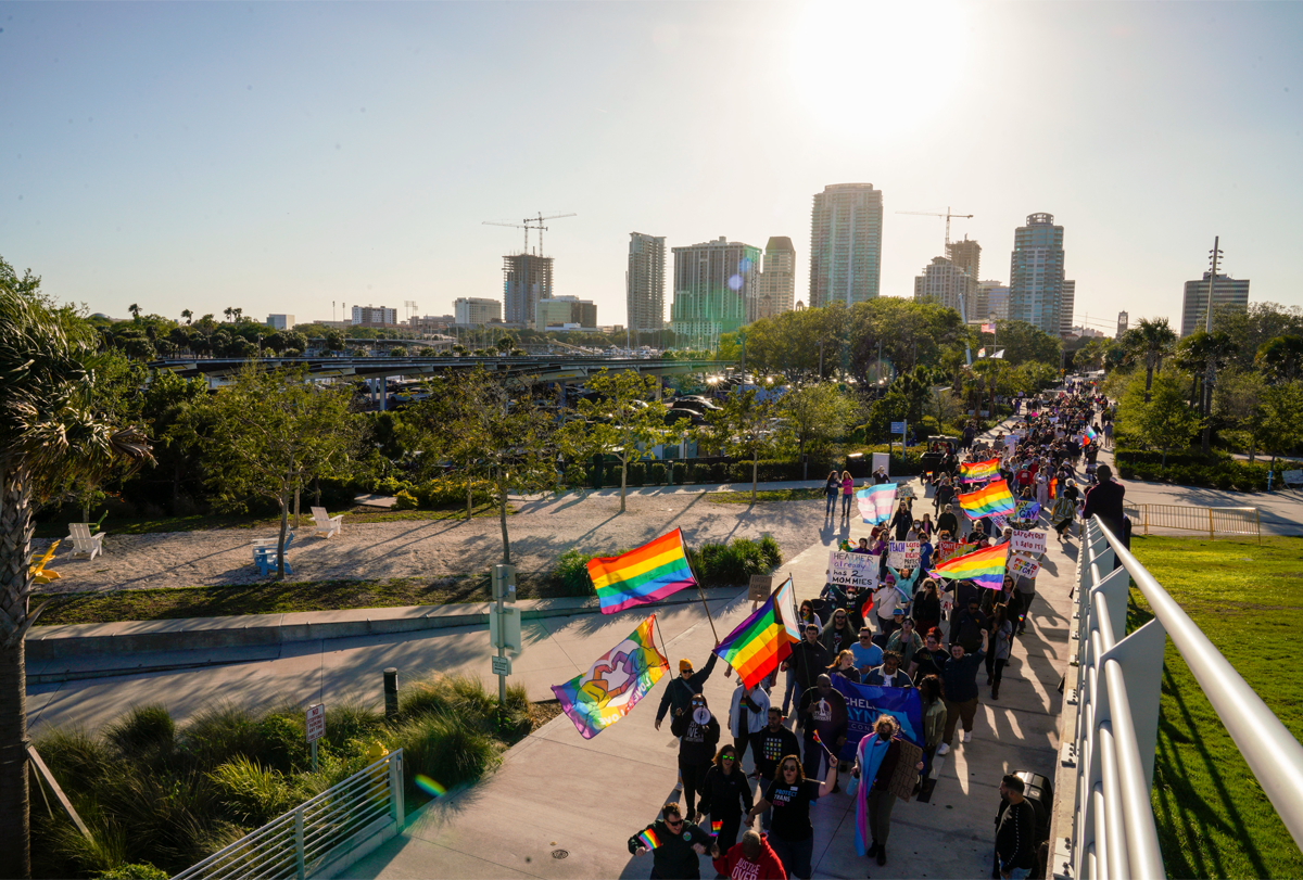 Marchers in St. Petersburg, Florida protest anti-LGBTQ+ legislation.