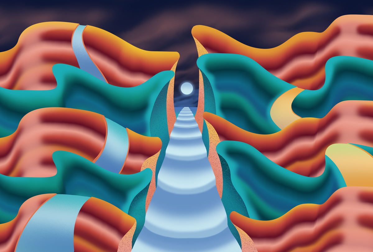 An abstract illustration of a path surrounded by wavy shapes