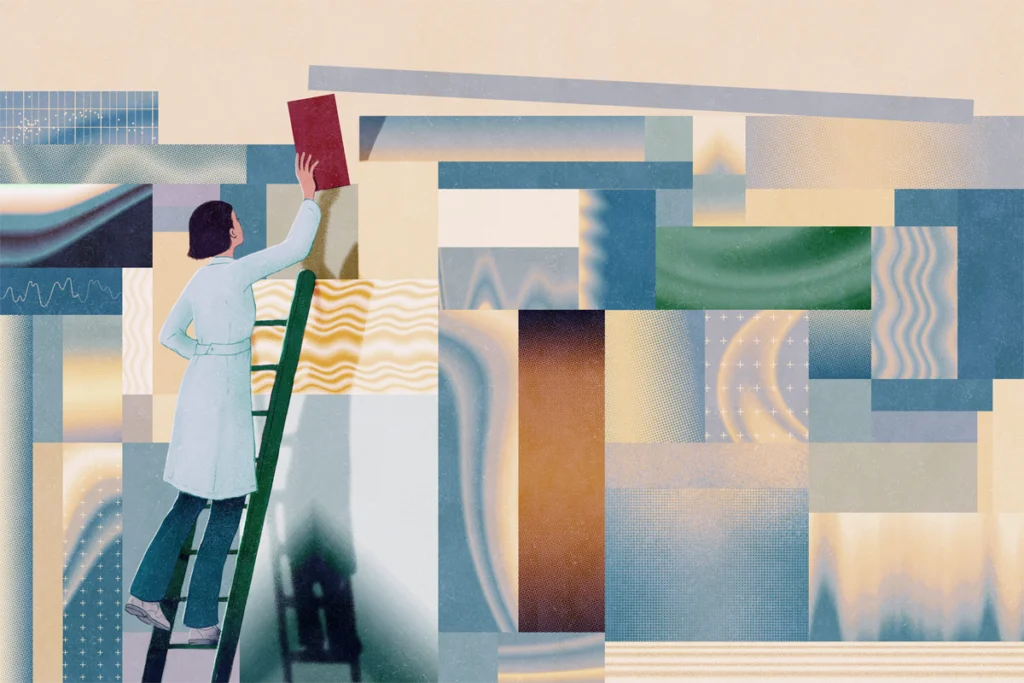 Illustration of a scientist standing on a ladder in front of a wall of shapes, holding a book-like object in their hand.