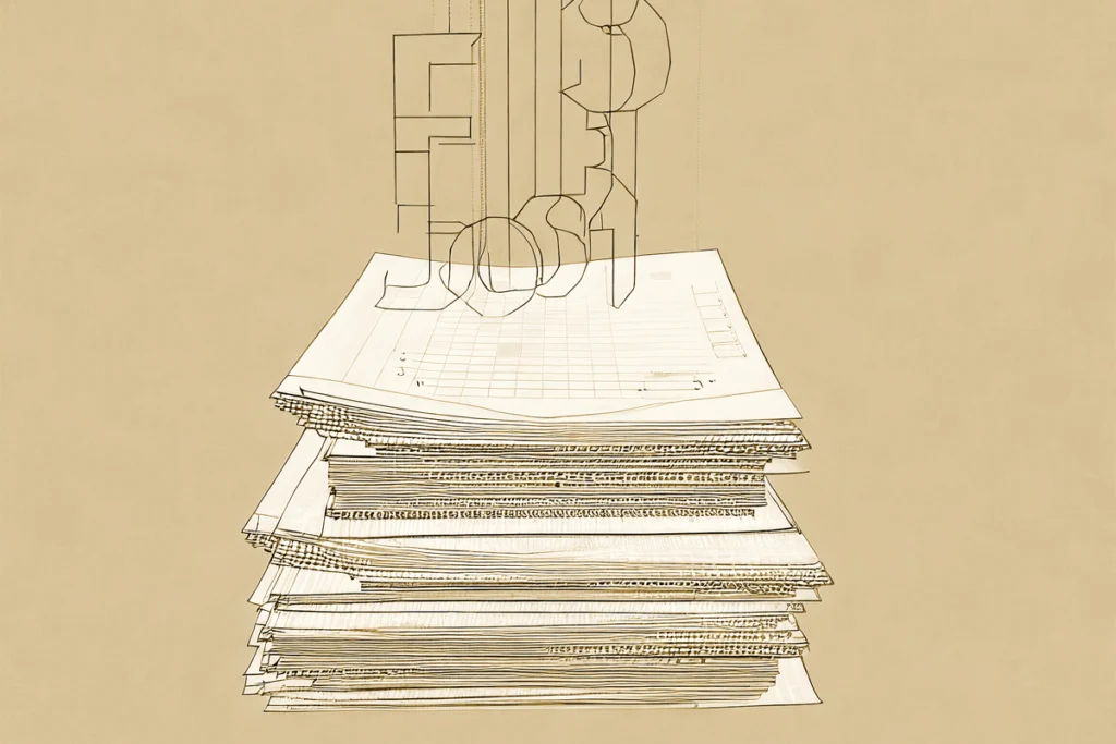 Computer-generated image of a stack of papers.