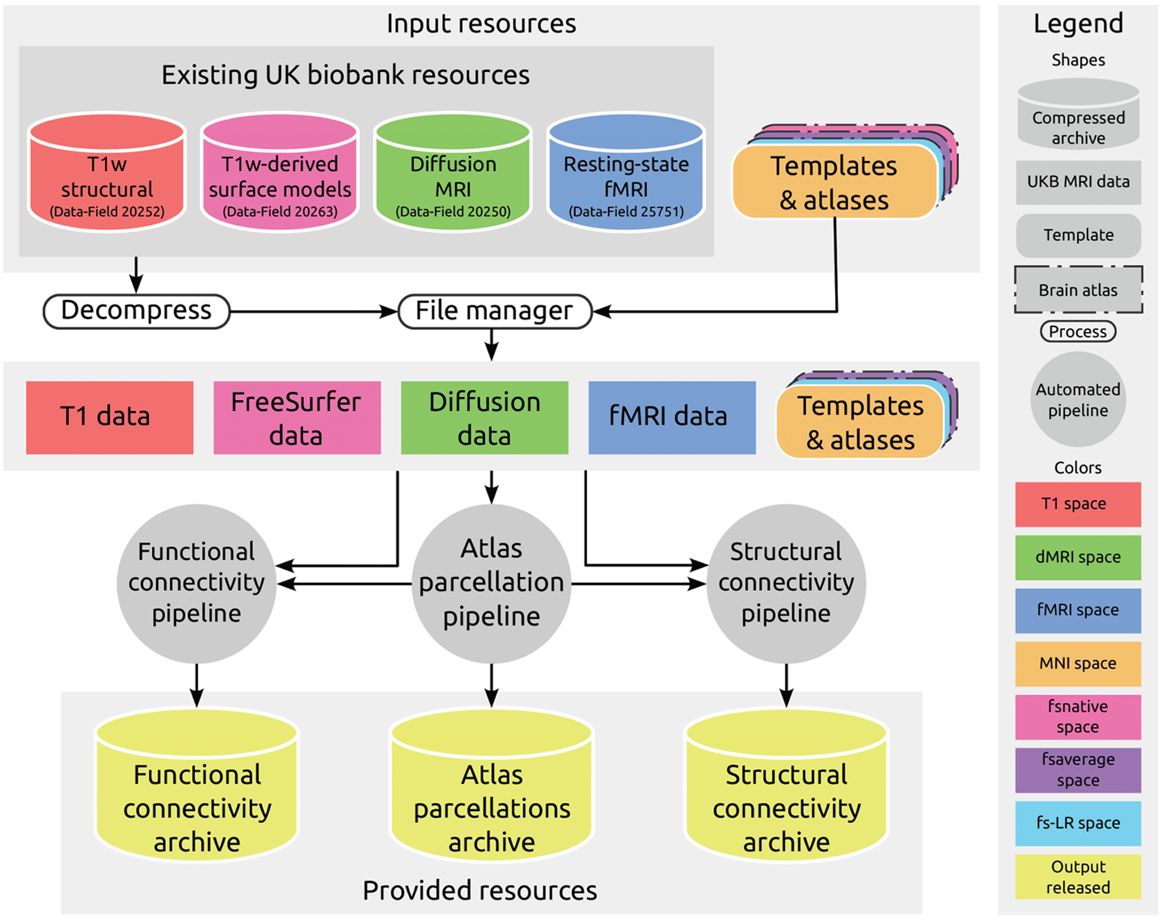 Diagram showing how high-performance computing clusters enabled researchers to turn UK Biobank data into downloadable maps of functional and structural connectivity.