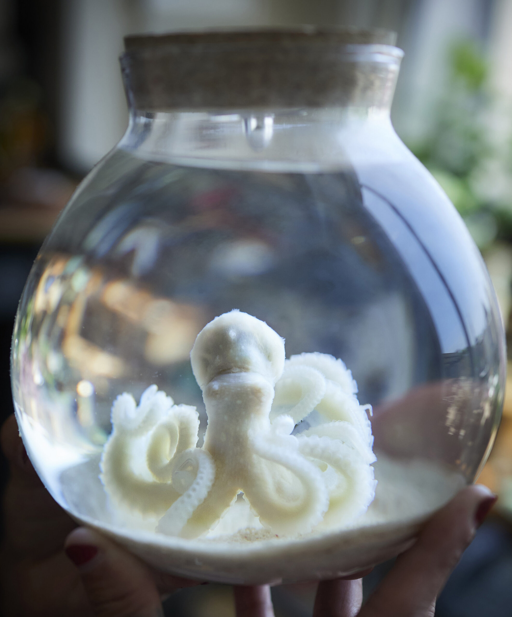 Scientist Gül Dölen holds a glass jar with a tiny octopus inside.