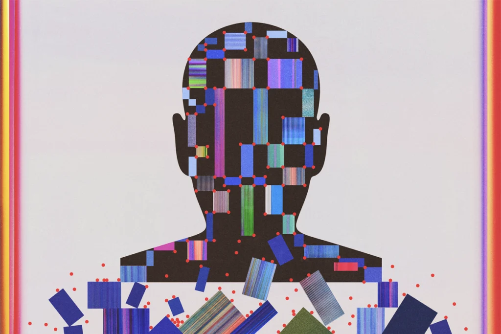 An abstract illustration of a figure from the shoulders up with multi-colored boxes on its face