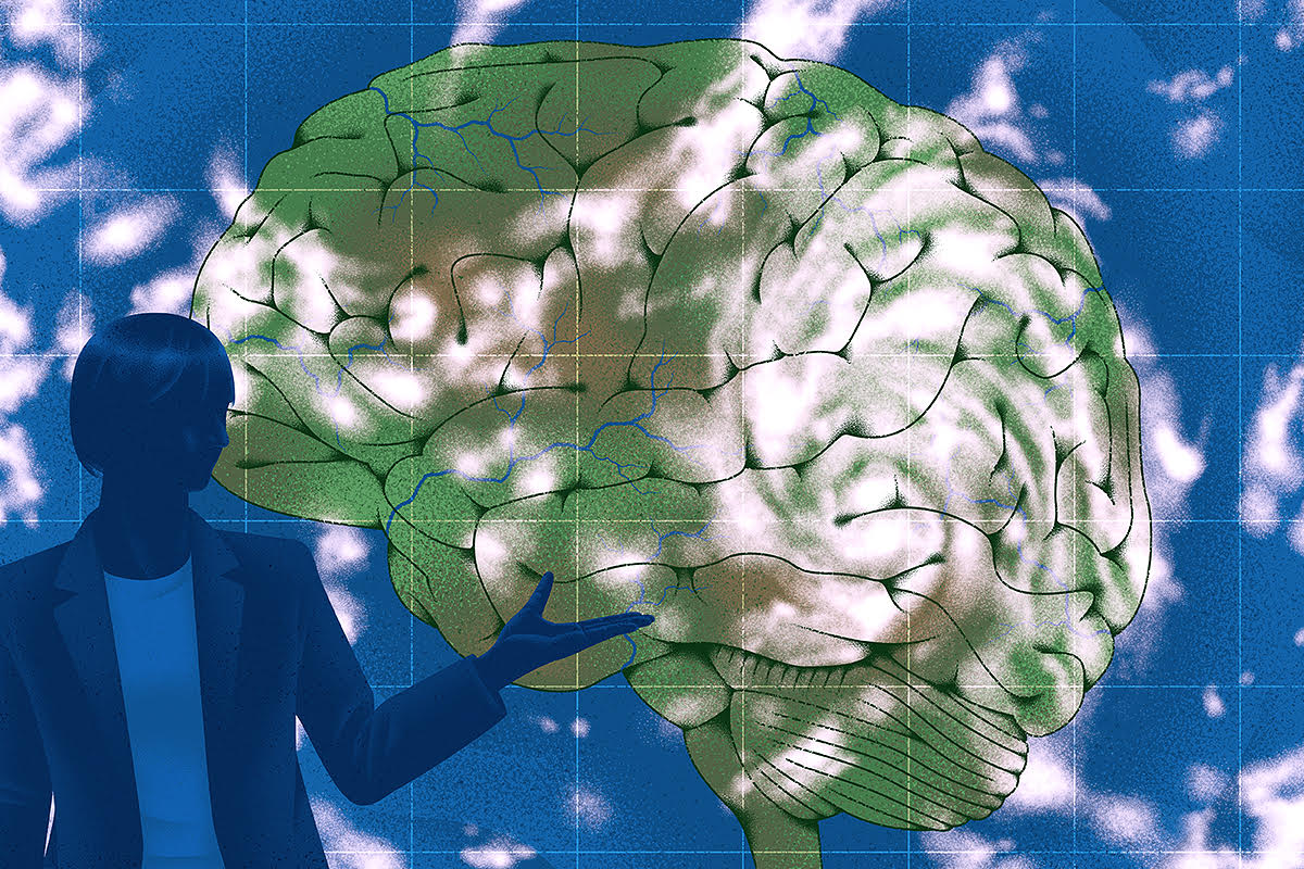 Illustration of a meteorologist pointing to an aerial view of clouds swirling over a brain-shaped land mass.