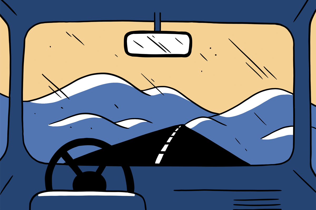 Illustration shows a road going into the distance, seen from the driver’s point of view.