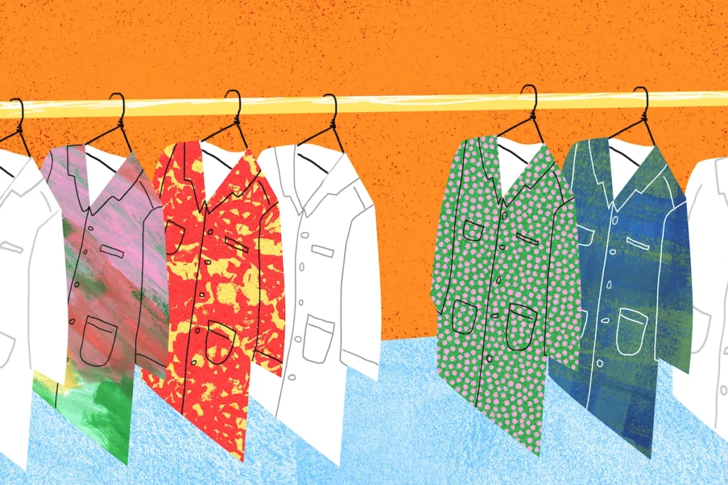 A shop rack of lab coats both white and in many distinct and colorful styles.