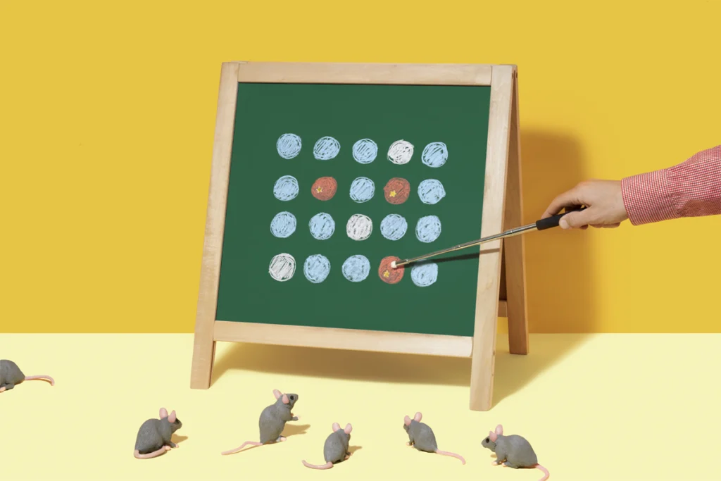 An illustration of mice observing a lesson on a tiny chalkboard
