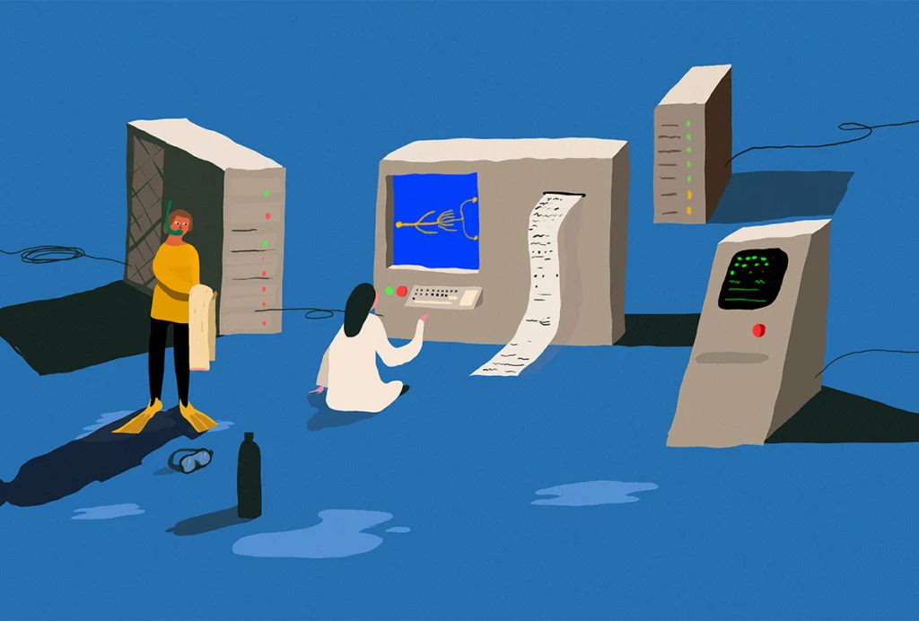 An illustration of a diver assisting a scientist at a giant computer.