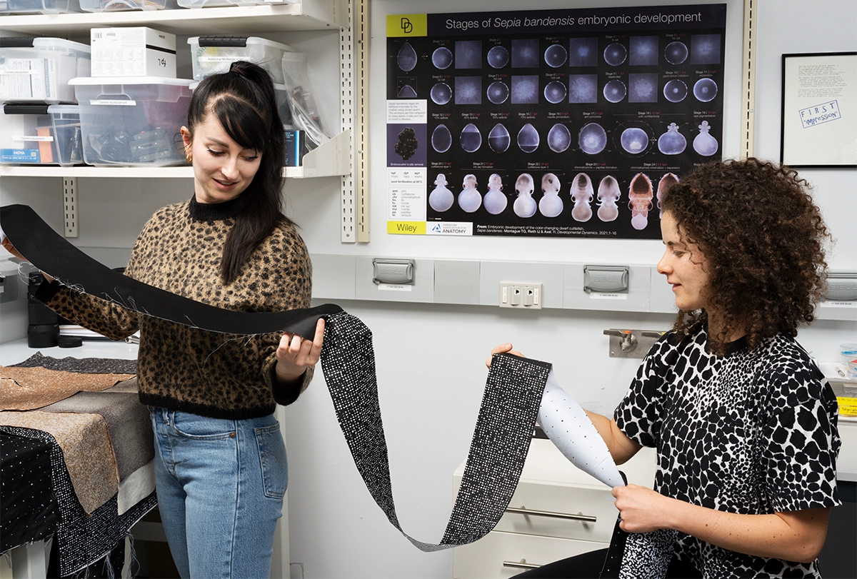 Montague and collaborator Daniella Garcia-Rosales reviewing long strips of high contrast patterns used in a camouflage experiment.