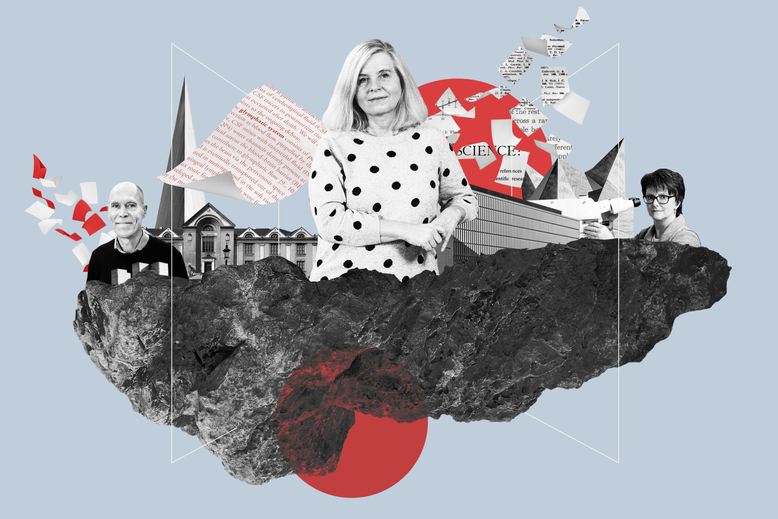 Maiken Nedergaard, Britta Engelhardt and Christer Betsholtz on a floating rock island with university facilities and abstract shapes.