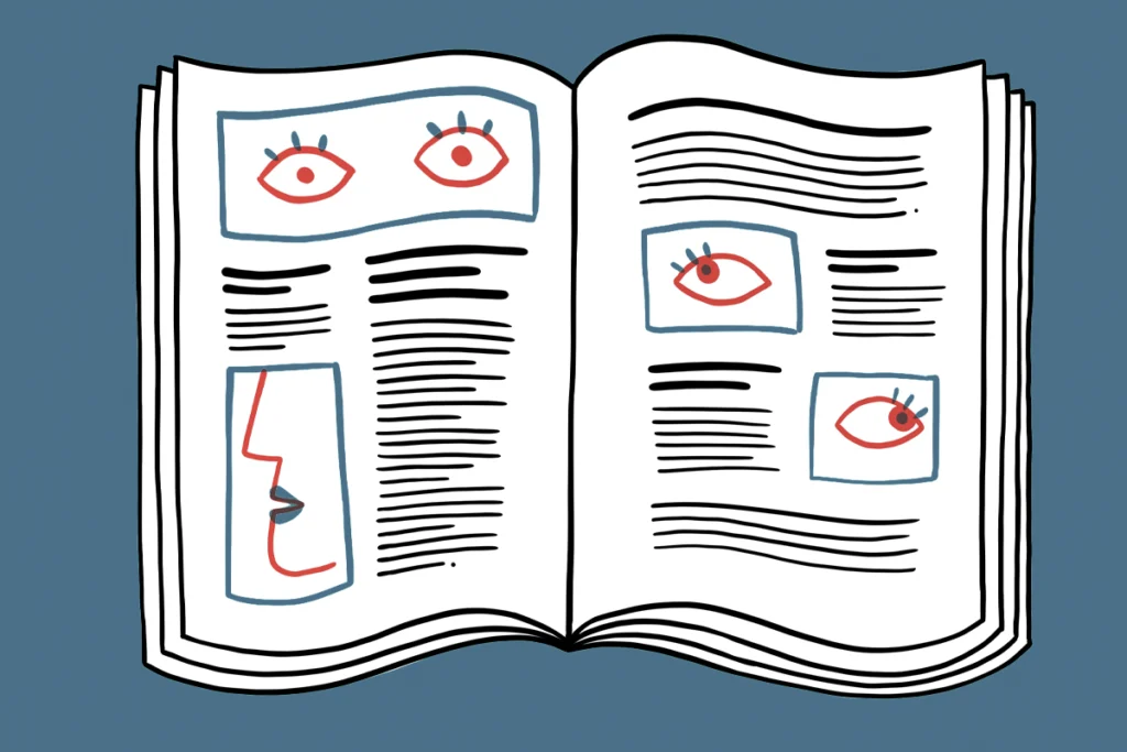 Illustration of an open journal featuring lines of text and small illustrations of eyes and mouths.
