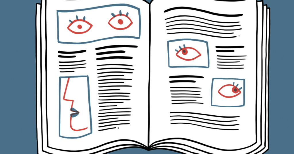 Illustration of an open journal featuring lines of text and small illustrations of eyes and mouths.