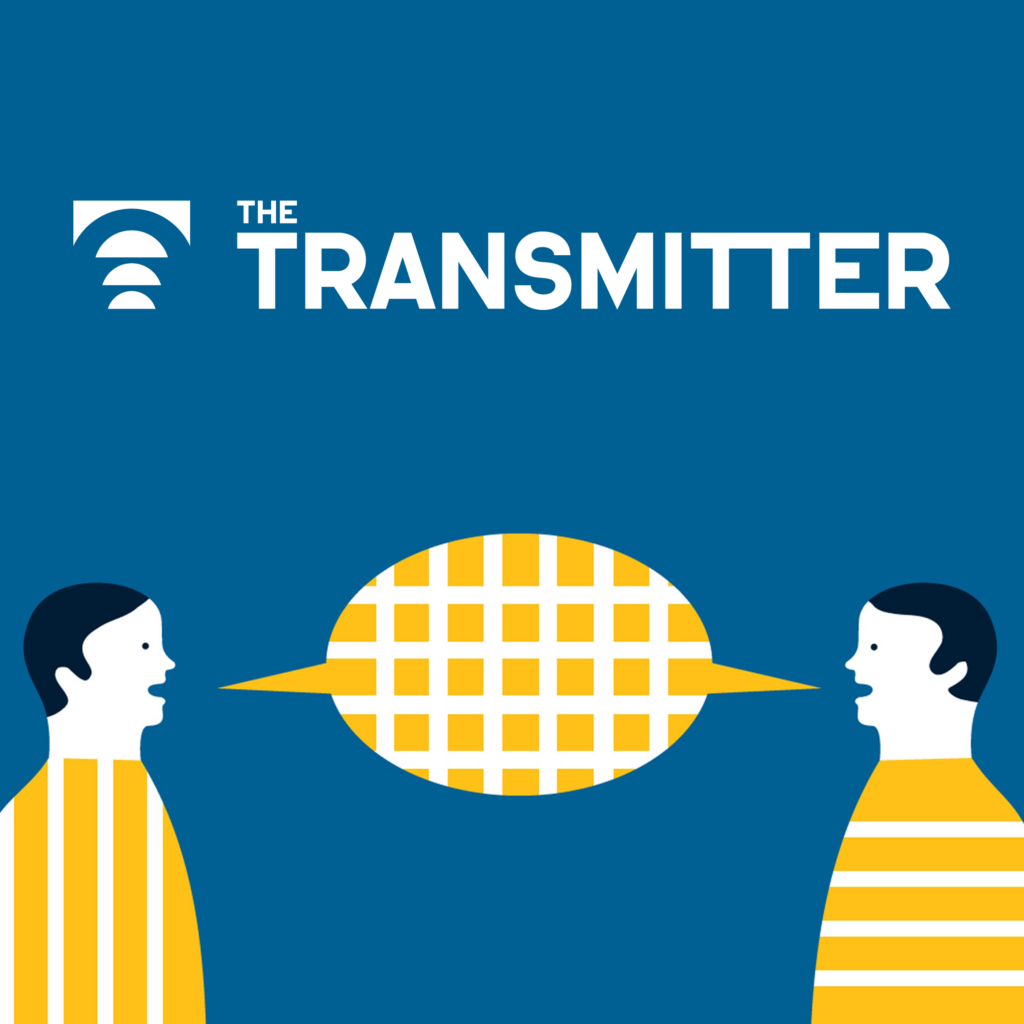 Two people talking to one another create a speech bubble with The Transmitter’s logo above the speech bubble.