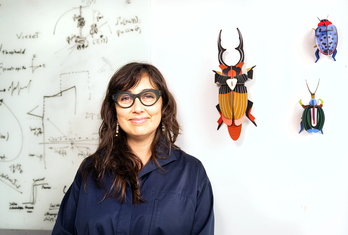 Eugenia Chiappe stands in front of a whiteboard featuring large insects made out of paper.