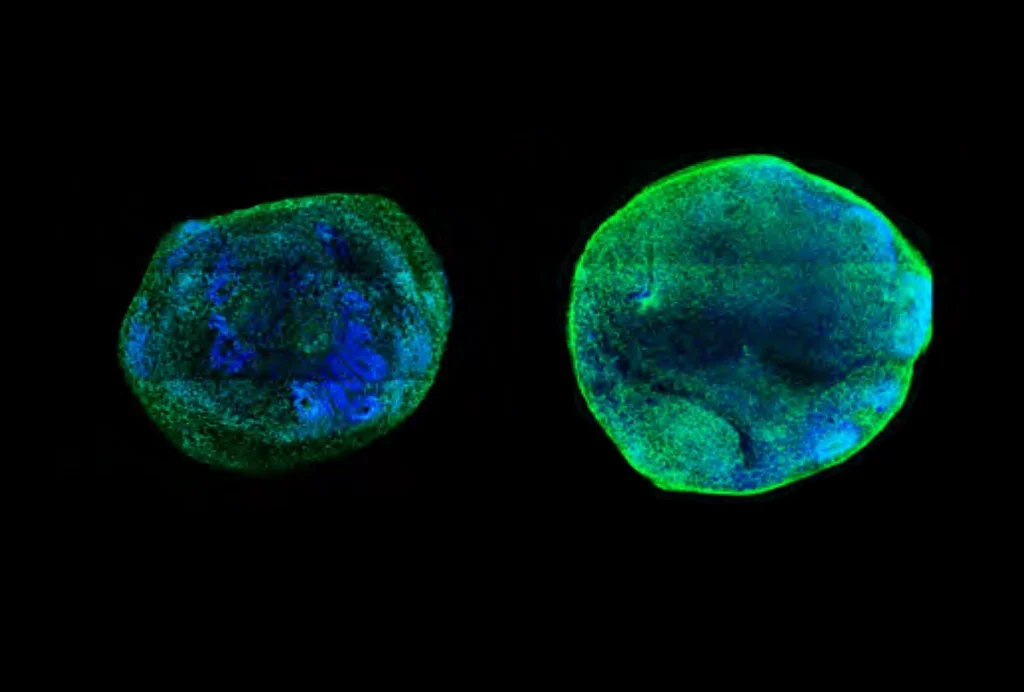 Research image of two fluorescent-stained organoids.