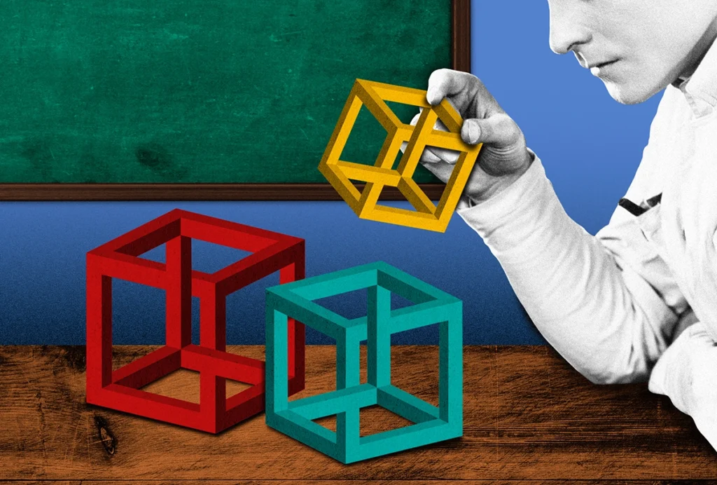 A hand holds multi-colored cubes.
