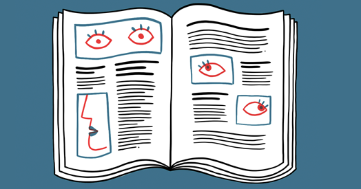 Illustration of an open journal featuring lines of text and small illustrations of eyes and mouths.