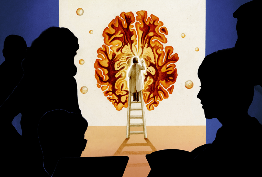 Silhouettes watch a figure standing in front of a huge human brain.