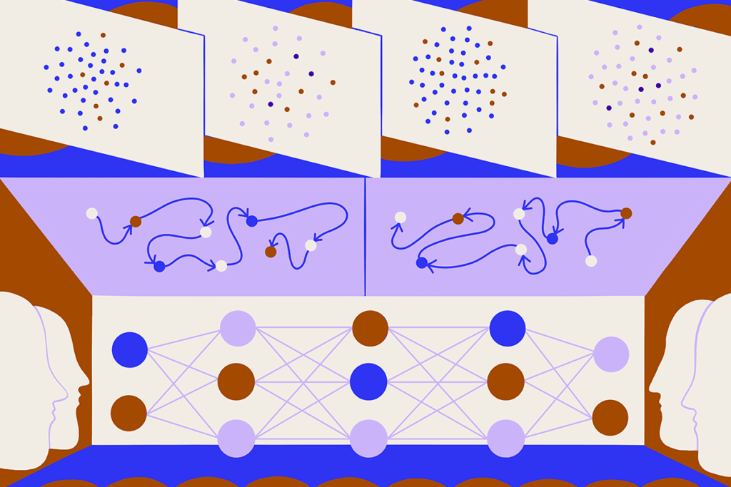 Conceptual illustration of four heads studying representations of neural mechanisms.