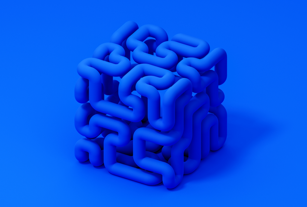 A blue 3D cube made of interlacing smooth, round tubes.