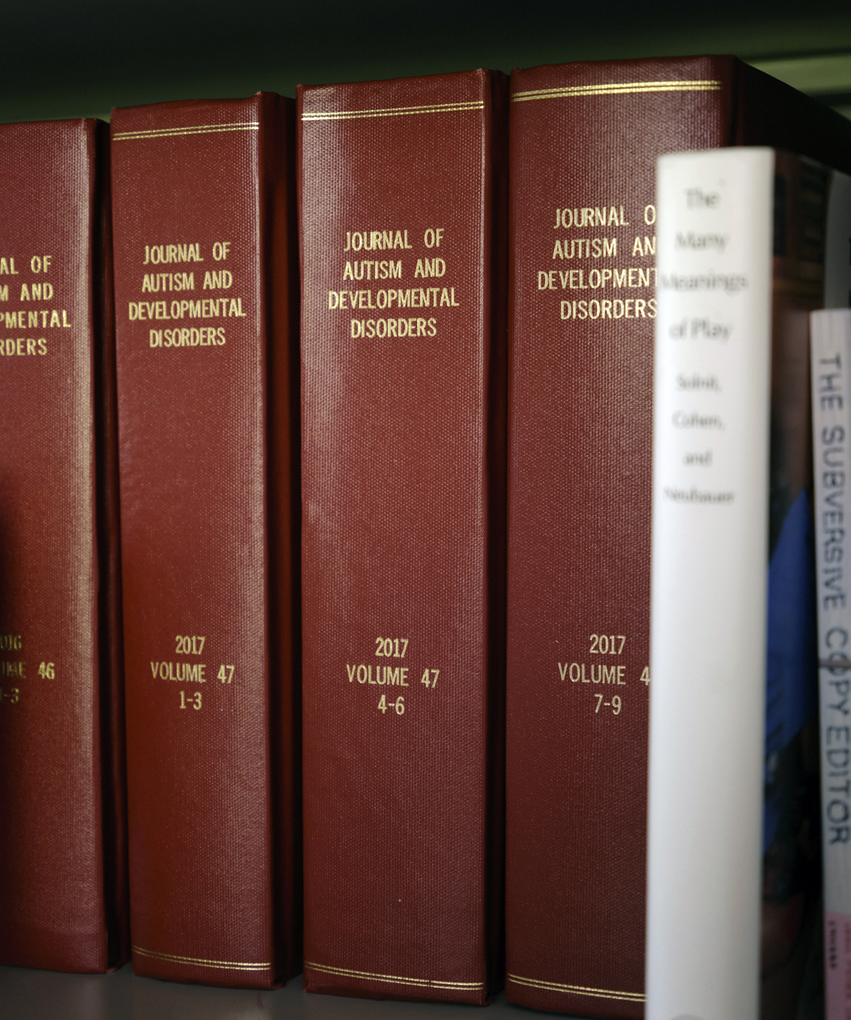 Books on the shelf in Volkmar's office.
