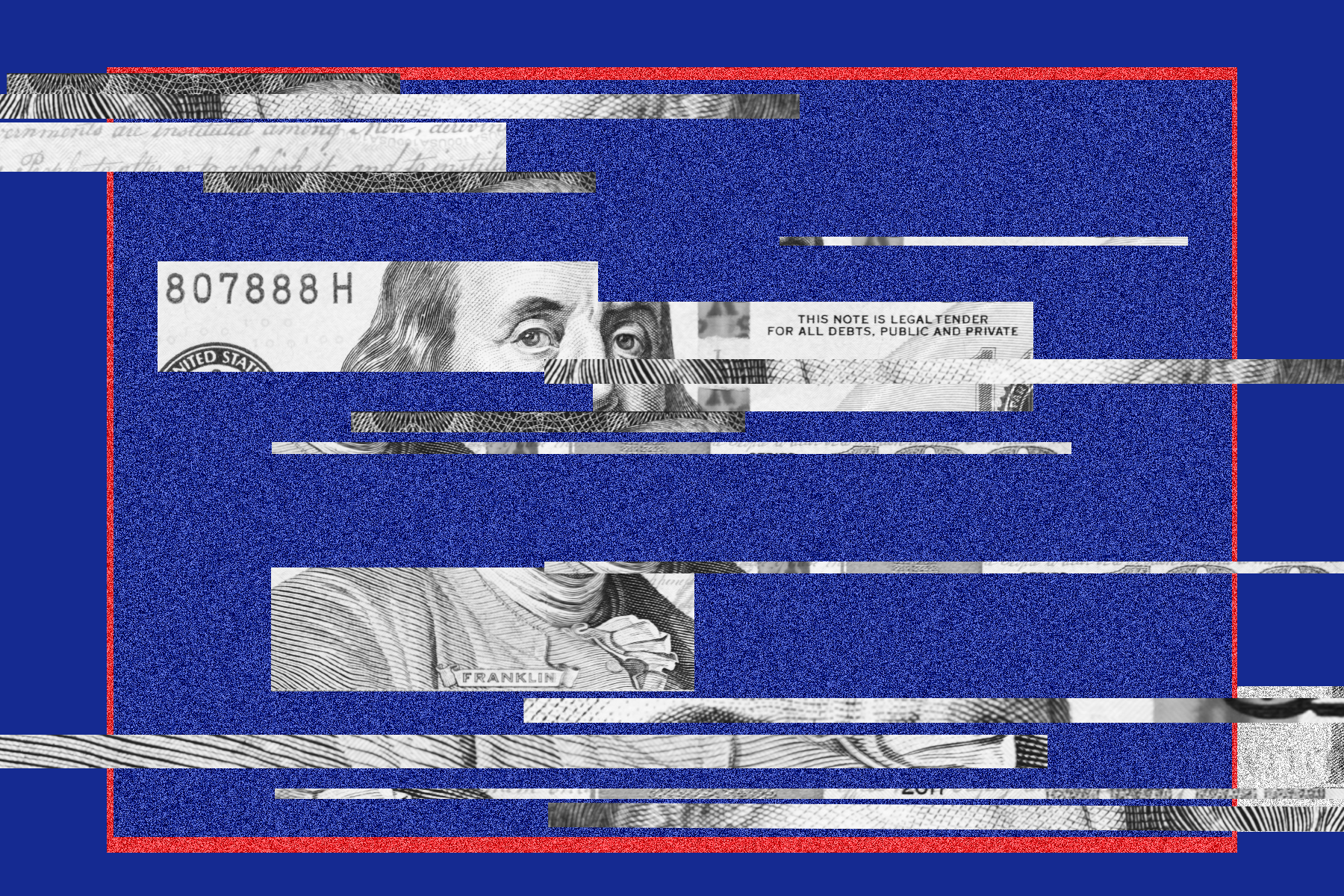 Hundred dollar bill digitally cut into small pieces.